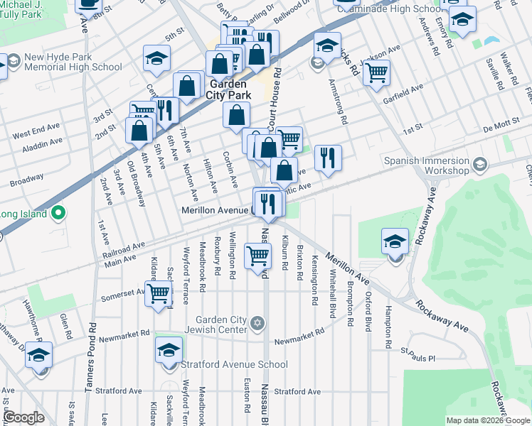 map of restaurants, bars, coffee shops, grocery stores, and more near 283 Nassau Boulevard in Garden City