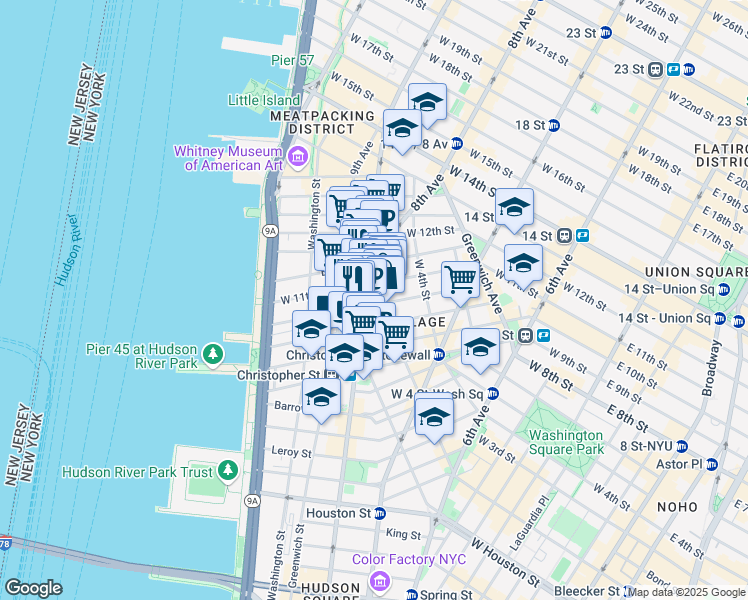 map of restaurants, bars, coffee shops, grocery stores, and more near 99 Perry Street in New York