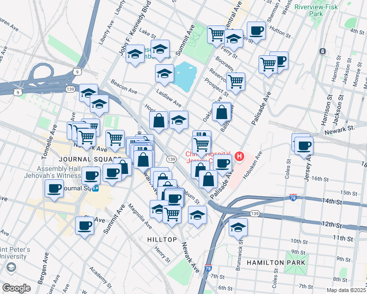 map of restaurants, bars, coffee shops, grocery stores, and more near 87 Oakland Avenue in Jersey City