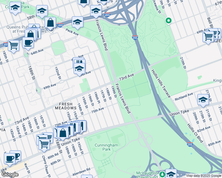 map of restaurants, bars, coffee shops, grocery stores, and more near 73-20 199th Street in Queens