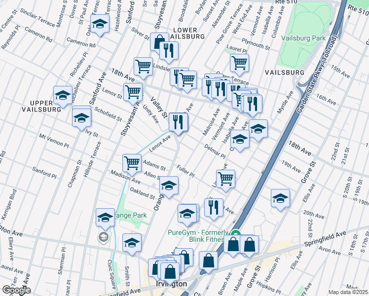 map of restaurants, bars, coffee shops, grocery stores, and more near 17 Wills Place in Irvington