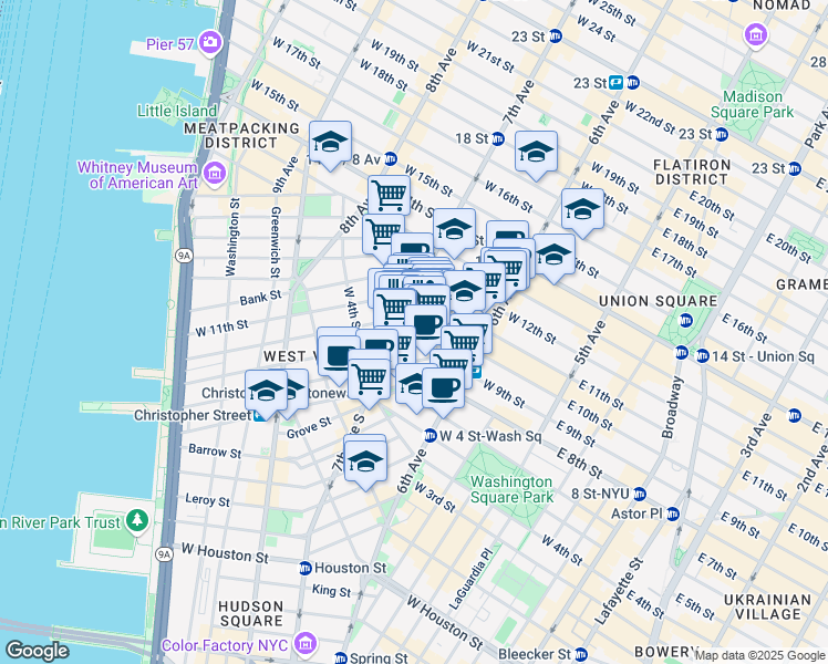 map of restaurants, bars, coffee shops, grocery stores, and more near 9 Charles Street in New York