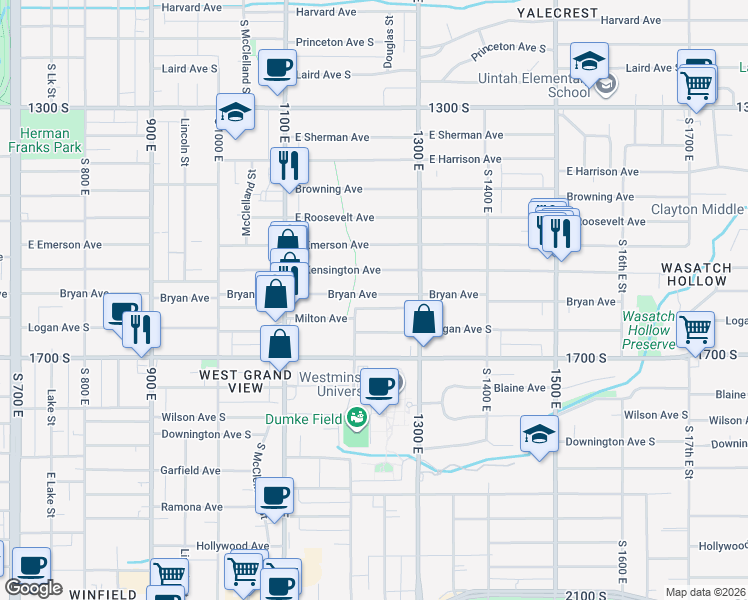 map of restaurants, bars, coffee shops, grocery stores, and more near 1202 Bryan Avenue South in Salt Lake City