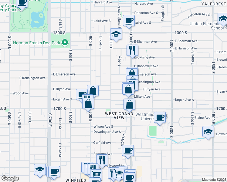 map of restaurants, bars, coffee shops, grocery stores, and more near 986 1560 South in Salt Lake City