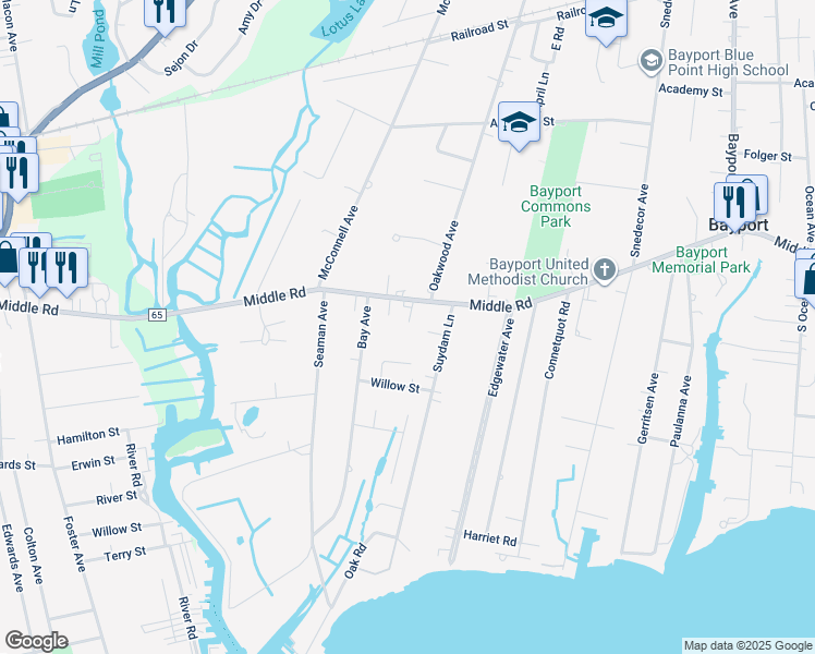 map of restaurants, bars, coffee shops, grocery stores, and more near 396 Middle Road in Bayport