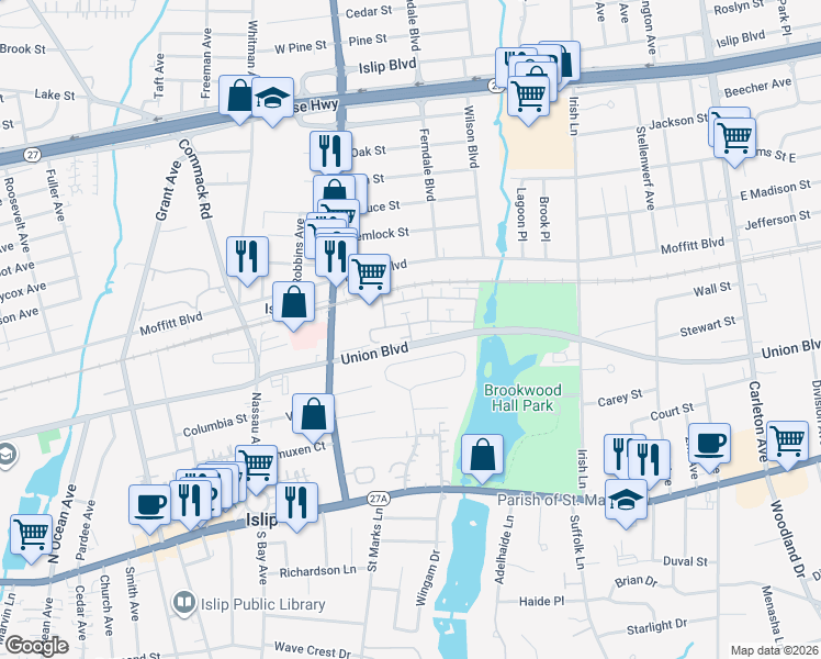 map of restaurants, bars, coffee shops, grocery stores, and more near 90 Finch Lane in Islip
