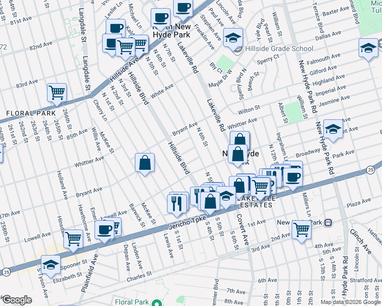 map of restaurants, bars, coffee shops, grocery stores, and more near 410 Brill Place in New Hyde Park