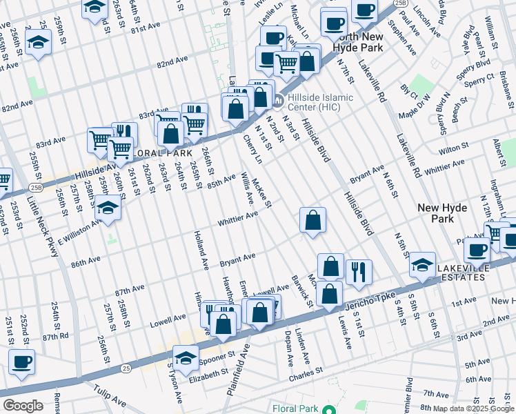 map of restaurants, bars, coffee shops, grocery stores, and more near 167 Willis Avenue in Floral Park