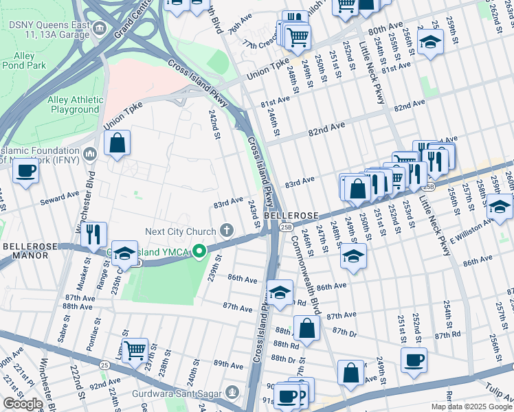 map of restaurants, bars, coffee shops, grocery stores, and more near 83-11 243rd Street in Queens
