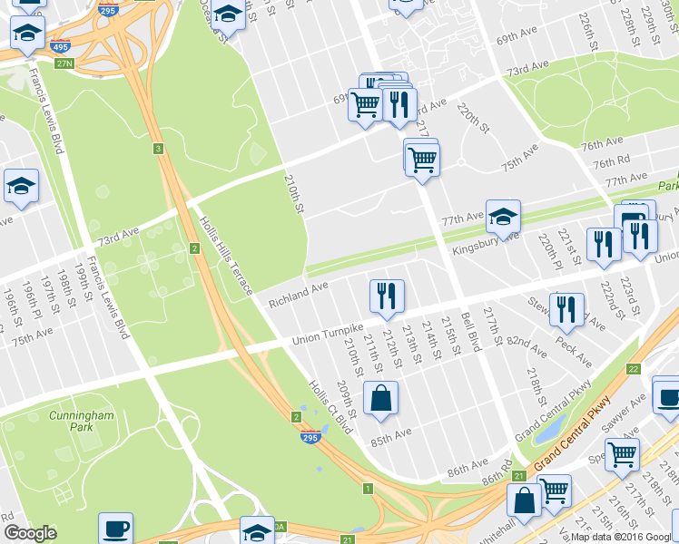 map of restaurants, bars, coffee shops, grocery stores, and more near 210-19 Richland Avenue in Queens