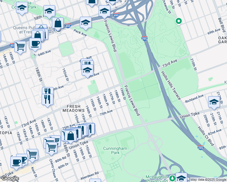 map of restaurants, bars, coffee shops, grocery stores, and more near 73-08 198th Street in Queens