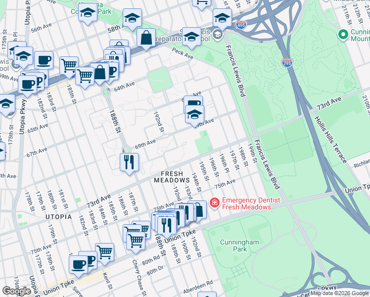 map of restaurants, bars, coffee shops, grocery stores, and more near 192-50A 71 Circle in Queens