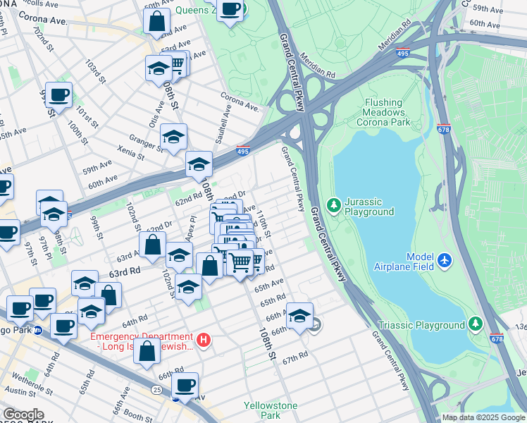 map of restaurants, bars, coffee shops, grocery stores, and more near 63-07 110th Street in Queens