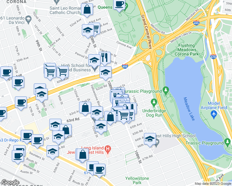 map of restaurants, bars, coffee shops, grocery stores, and more near in Queens