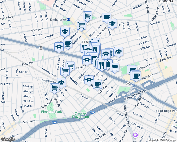 map of restaurants, bars, coffee shops, grocery stores, and more near 53-11 Seabury Street in Queens
