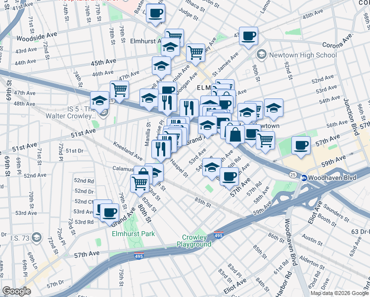 map of restaurants, bars, coffee shops, grocery stores, and more near 85-38 Grand Avenue in Queens