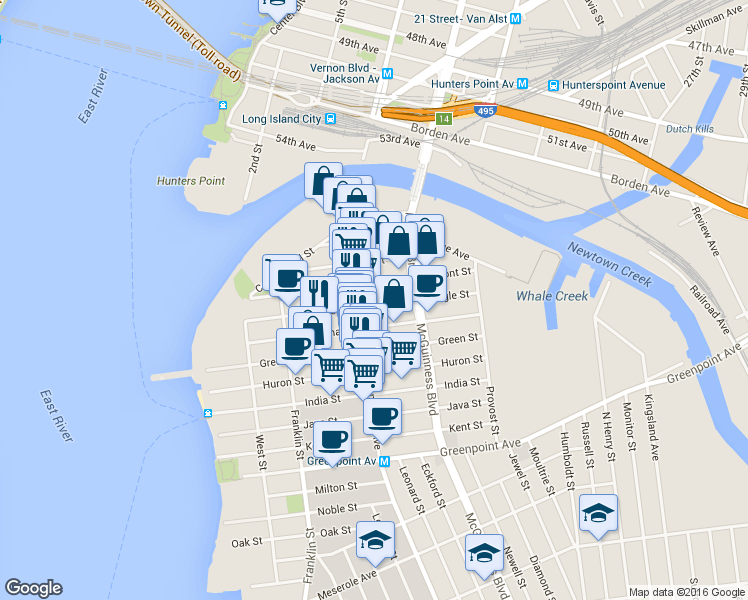 map of restaurants, bars, coffee shops, grocery stores, and more near 153 Eagle Street in Brooklyn