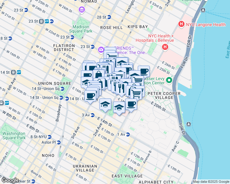 map of restaurants, bars, coffee shops, grocery stores, and more near 345 2nd Avenue in New York
