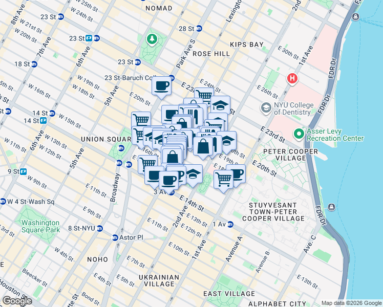 map of restaurants, bars, coffee shops, grocery stores, and more near 211 East 18th Street in New York