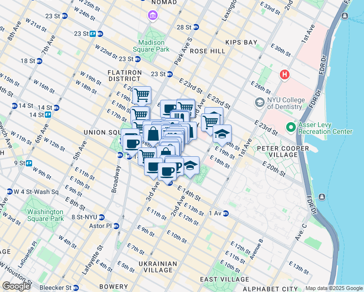 map of restaurants, bars, coffee shops, grocery stores, and more near 192 3rd Avenue in New York