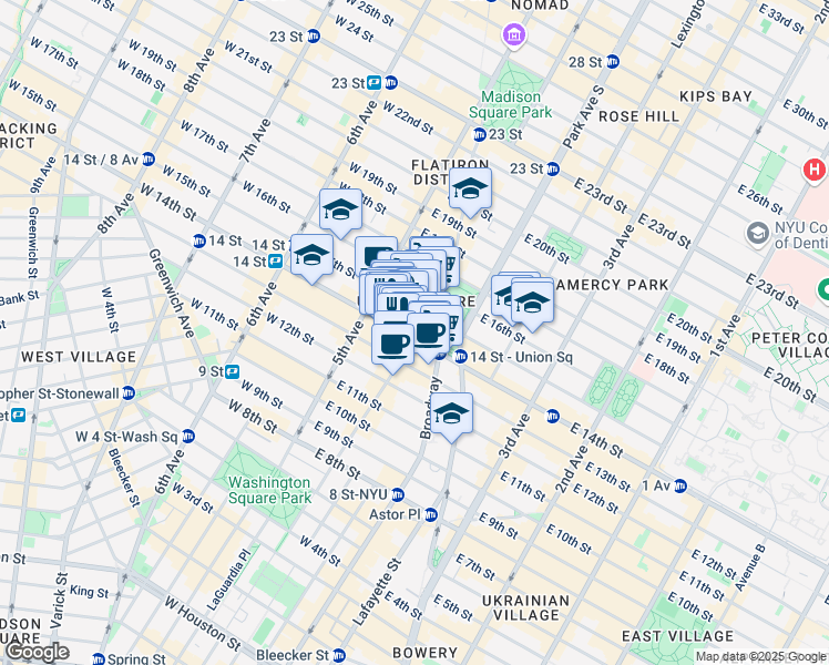 map of restaurants, bars, coffee shops, grocery stores, and more near 51 East 14th Street in New York