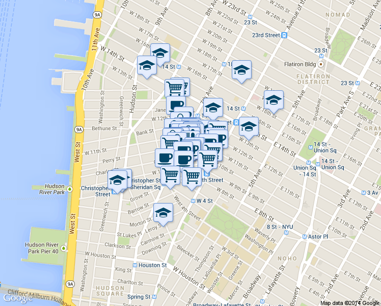 map of restaurants, bars, coffee shops, grocery stores, and more near 70 Greenwich Avenue in New York
