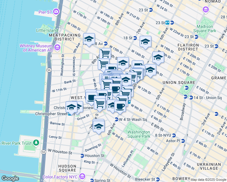 map of restaurants, bars, coffee shops, grocery stores, and more near 9 Charles Street in New York