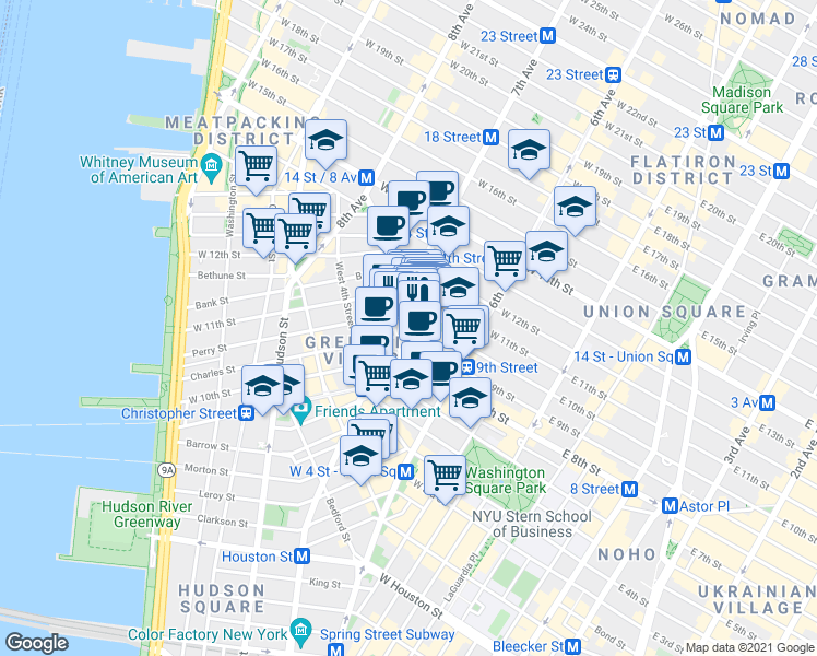 map of restaurants, bars, coffee shops, grocery stores, and more near 9 Charles Street in New York