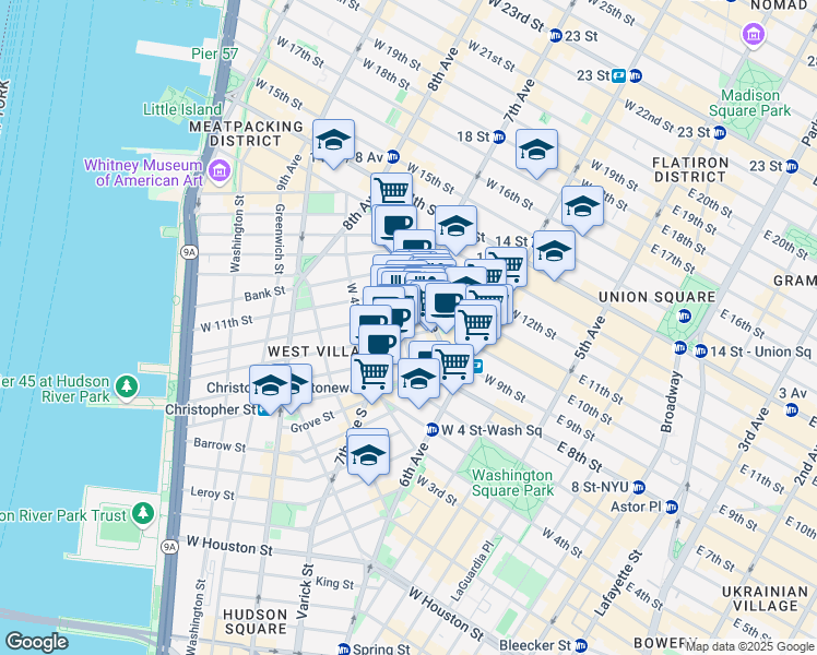map of restaurants, bars, coffee shops, grocery stores, and more near 70 Greenwich Avenue in New York