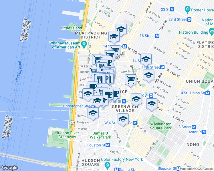 map of restaurants, bars, coffee shops, grocery stores, and more near 519 Hudson Street in New York