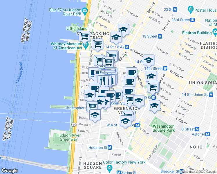 map of restaurants, bars, coffee shops, grocery stores, and more near 519 Hudson Street in New York