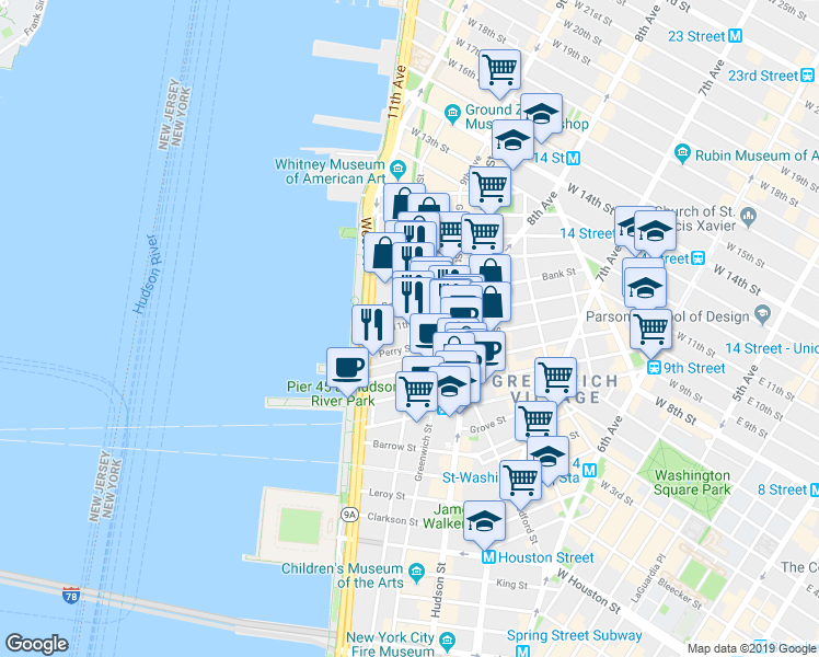 map of restaurants, bars, coffee shops, grocery stores, and more near 349 West 11th Street in New York