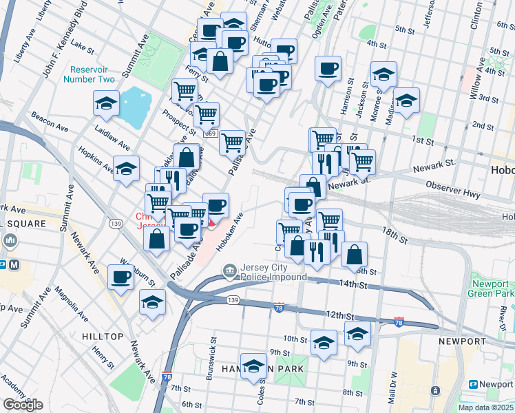 map of restaurants, bars, coffee shops, grocery stores, and more near 110 Hoboken Avenue in Jersey City