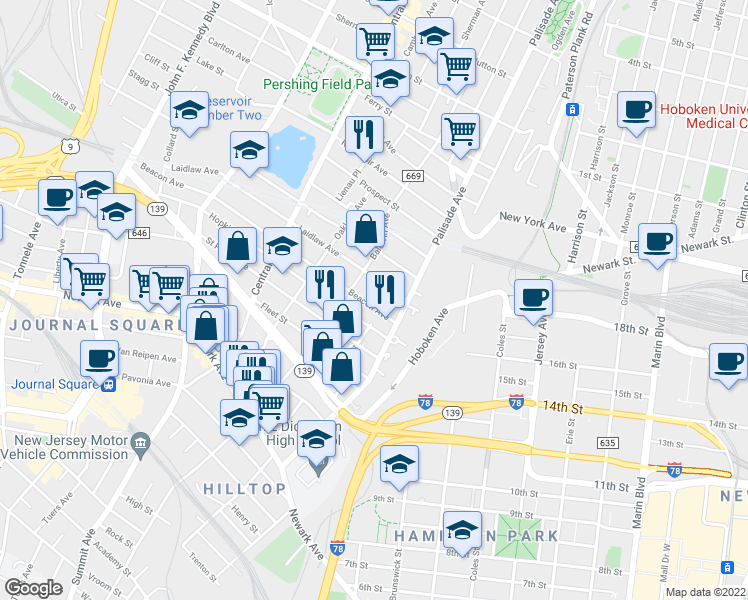 map of restaurants, bars, coffee shops, grocery stores, and more near 46 Beacon Avenue in Jersey City