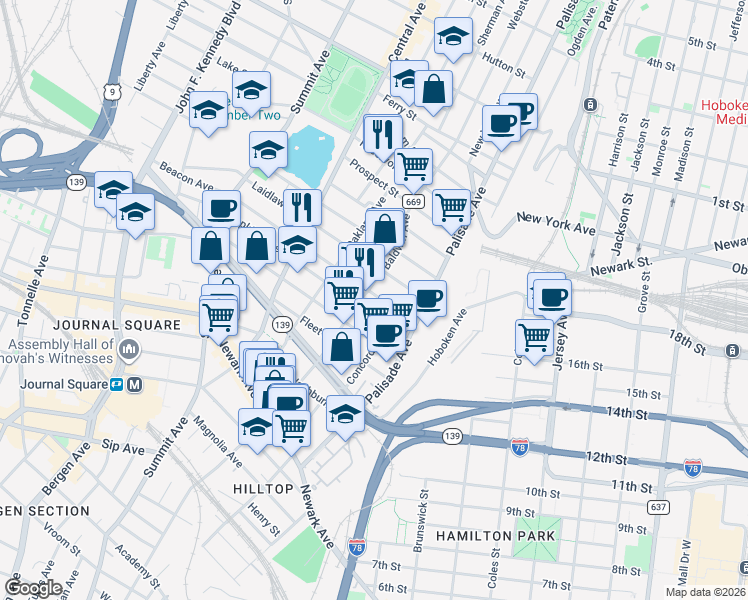 map of restaurants, bars, coffee shops, grocery stores, and more near 46 Beacon Avenue in Jersey City