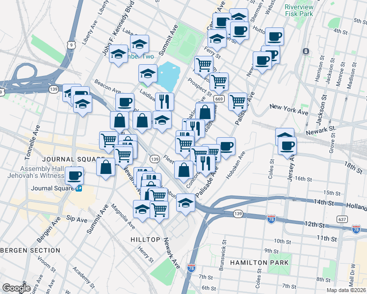 map of restaurants, bars, coffee shops, grocery stores, and more near 63 Hopkins Avenue in Jersey City