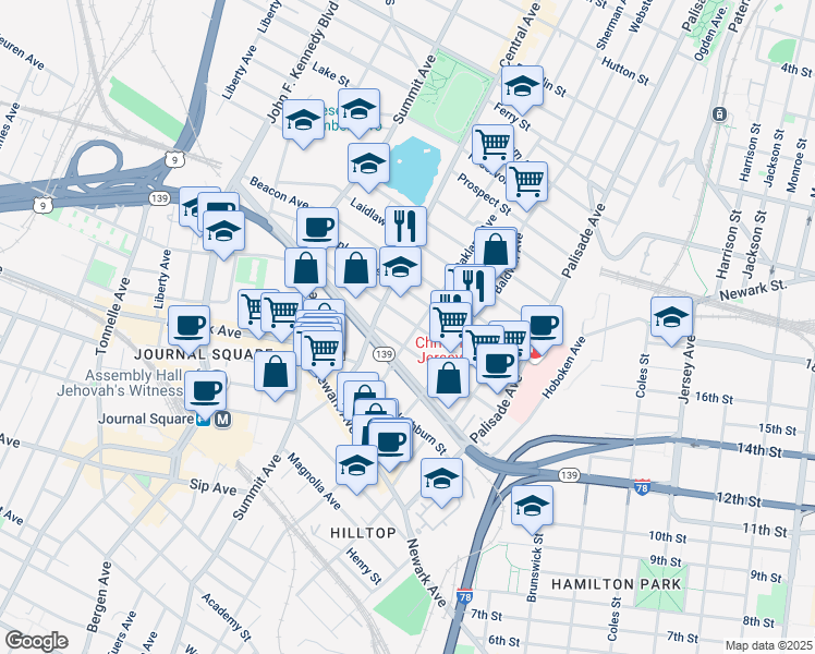 map of restaurants, bars, coffee shops, grocery stores, and more near 87 Oakland Avenue in Jersey City
