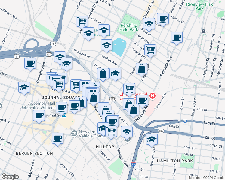 map of restaurants, bars, coffee shops, grocery stores, and more near 32 Central Avenue in Jersey City