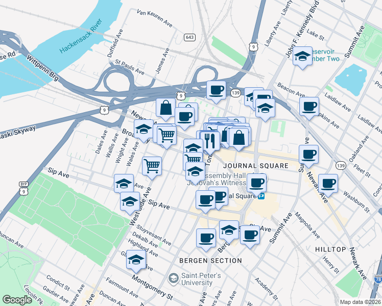 map of restaurants, bars, coffee shops, grocery stores, and more near 30 Broadway in Jersey City