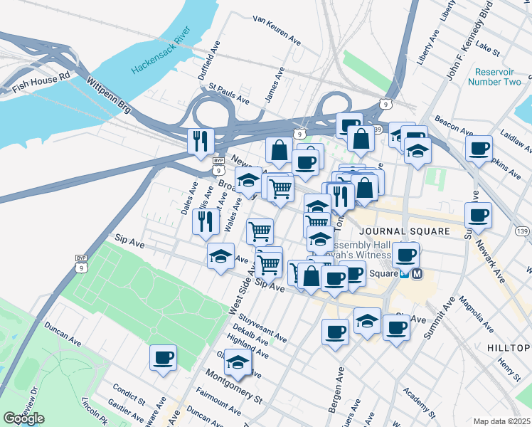 map of restaurants, bars, coffee shops, grocery stores, and more near 16 Marion Place in Jersey City