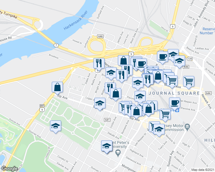 map of restaurants, bars, coffee shops, grocery stores, and more near 70 Wales Avenue in Jersey City