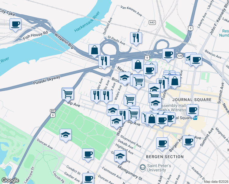 map of restaurants, bars, coffee shops, grocery stores, and more near 53 Wright Avenue in Jersey City