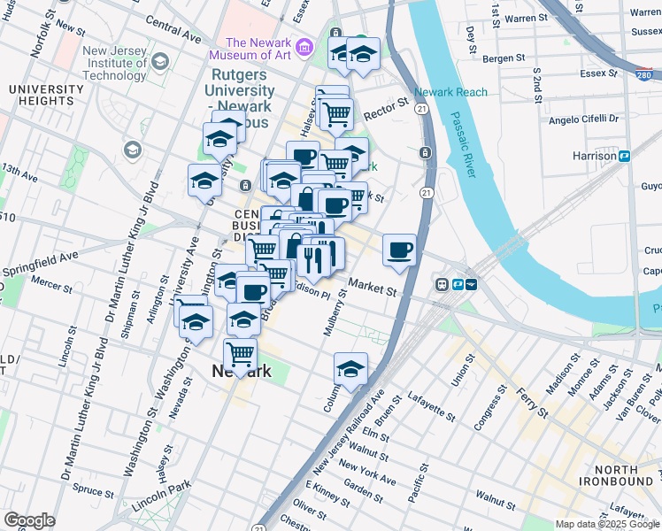 map of restaurants, bars, coffee shops, grocery stores, and more near 111 Mulberry Street in Newark