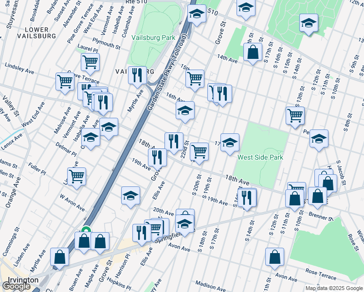 map of restaurants, bars, coffee shops, grocery stores, and more near 202 22nd Street in Irvington
