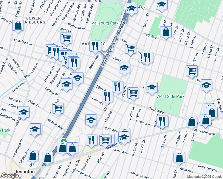 map of restaurants, bars, coffee shops, grocery stores, and more near 648 Grove Street in Irvington