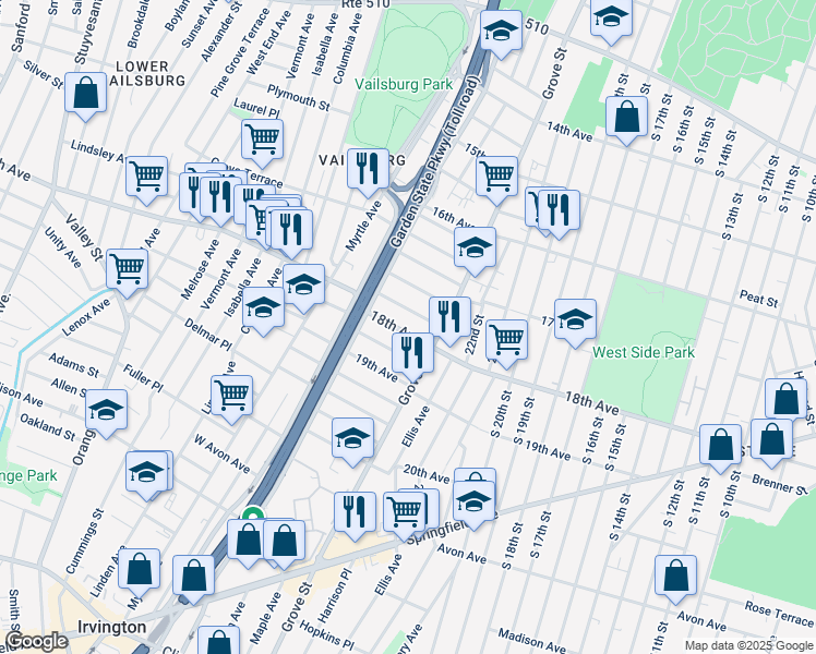 map of restaurants, bars, coffee shops, grocery stores, and more near 724 18th Avenue in Irvington