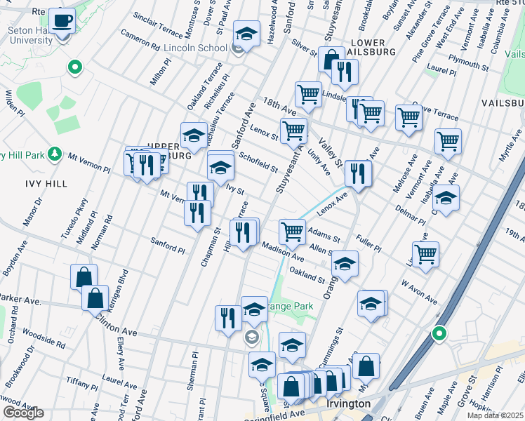 map of restaurants, bars, coffee shops, grocery stores, and more near 327 Stuyvesant Avenue in Newark