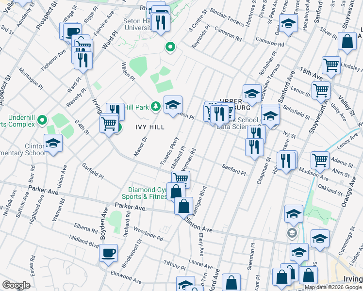 map of restaurants, bars, coffee shops, grocery stores, and more near 158 Midland Place in Newark