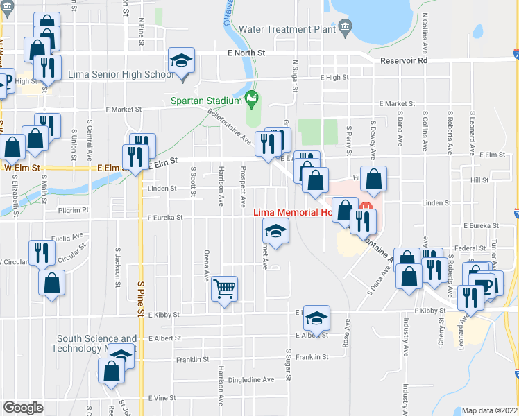 map of restaurants, bars, coffee shops, grocery stores, and more near 330 Calumet Avenue in Lima