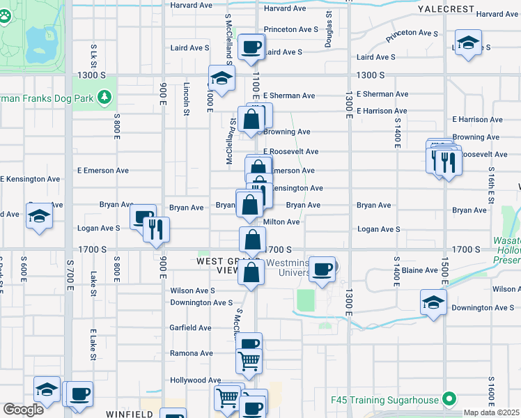 map of restaurants, bars, coffee shops, grocery stores, and more near 1569 1100 East in Salt Lake City